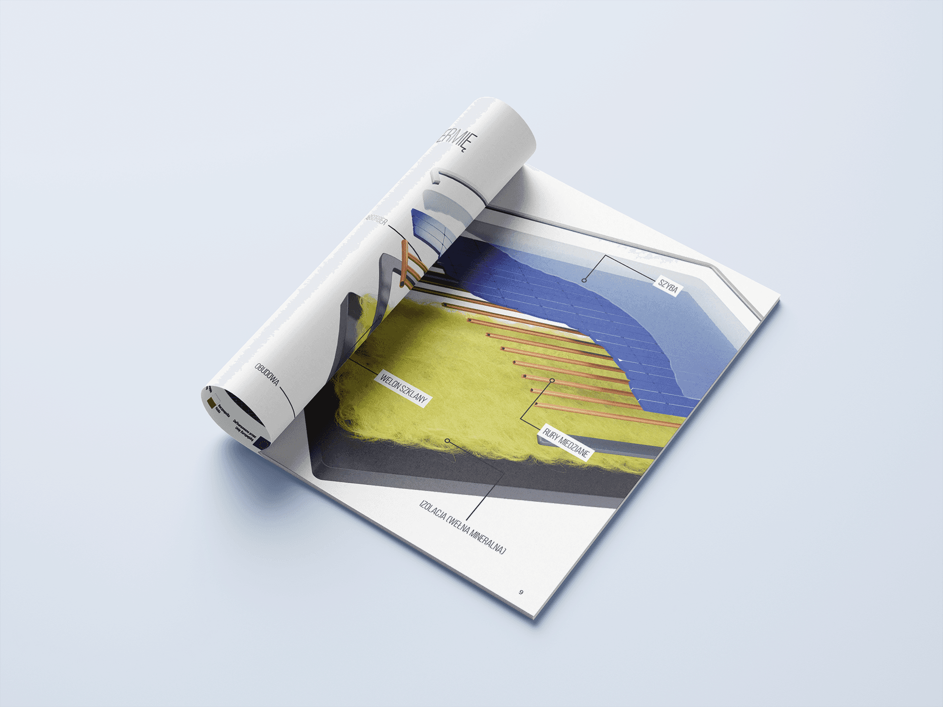 Schemat techniczny i przekrój budowy kolektora słonecznego w broszurze informacyjnej.