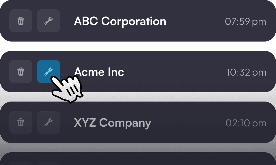 A dark-themed interface shows three entries labeled Anna, John, and Marcus with timestamps. A cursor hovers over a wrench icon next to John's name.