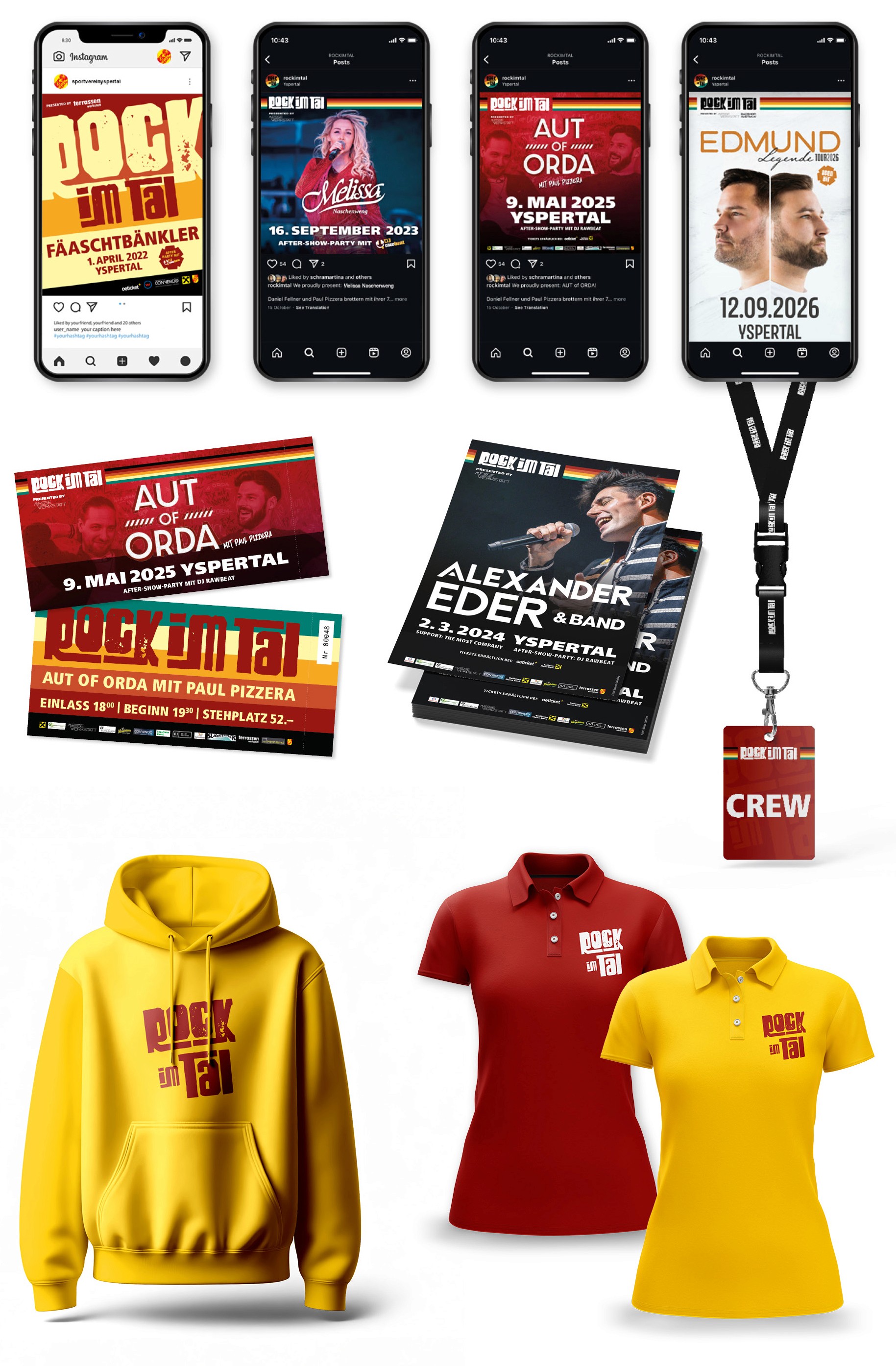 Social Media MockUps, Eintrittskarten, Lanyard, Flyer, Merchandise: T-Shirt und Hoodie