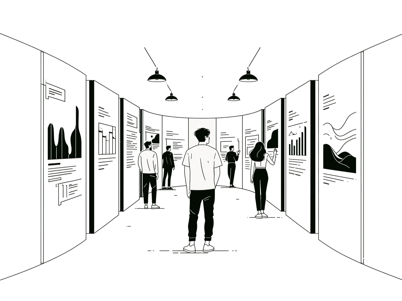 Line illustration of people walking through a gallery of framed charts and reports