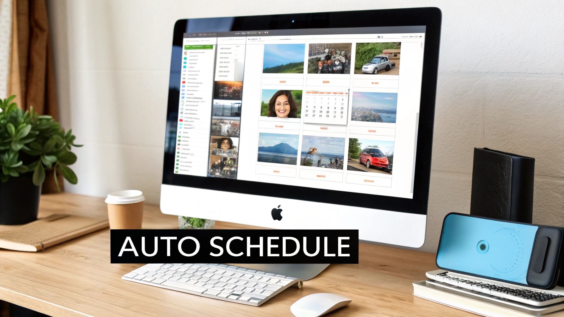 A computer on a wooden desk showing a grid of photos and a calendar, with 'AUTO SCHEDULE' text.