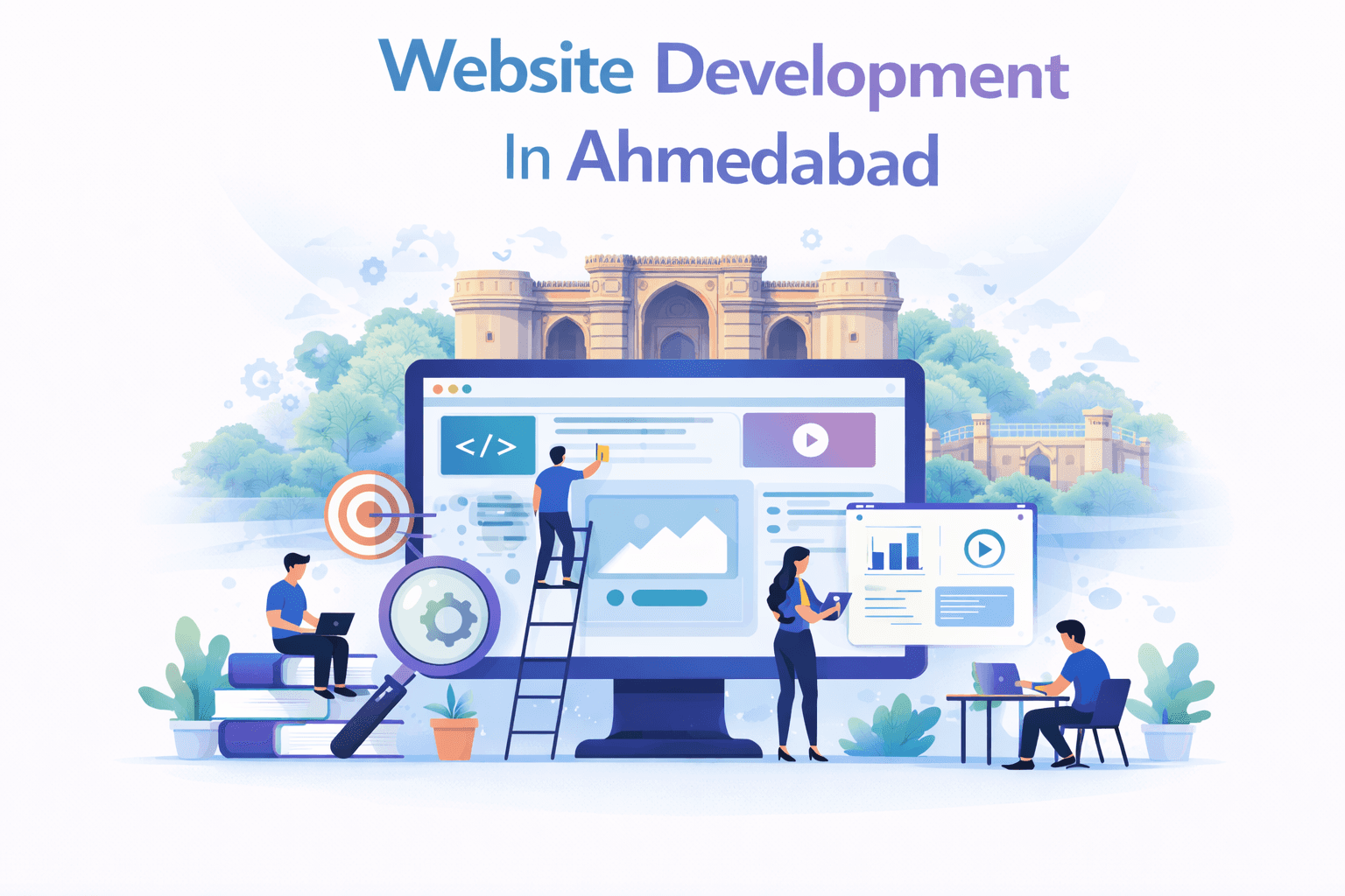 Three people in a meeting room looking at a presentation.