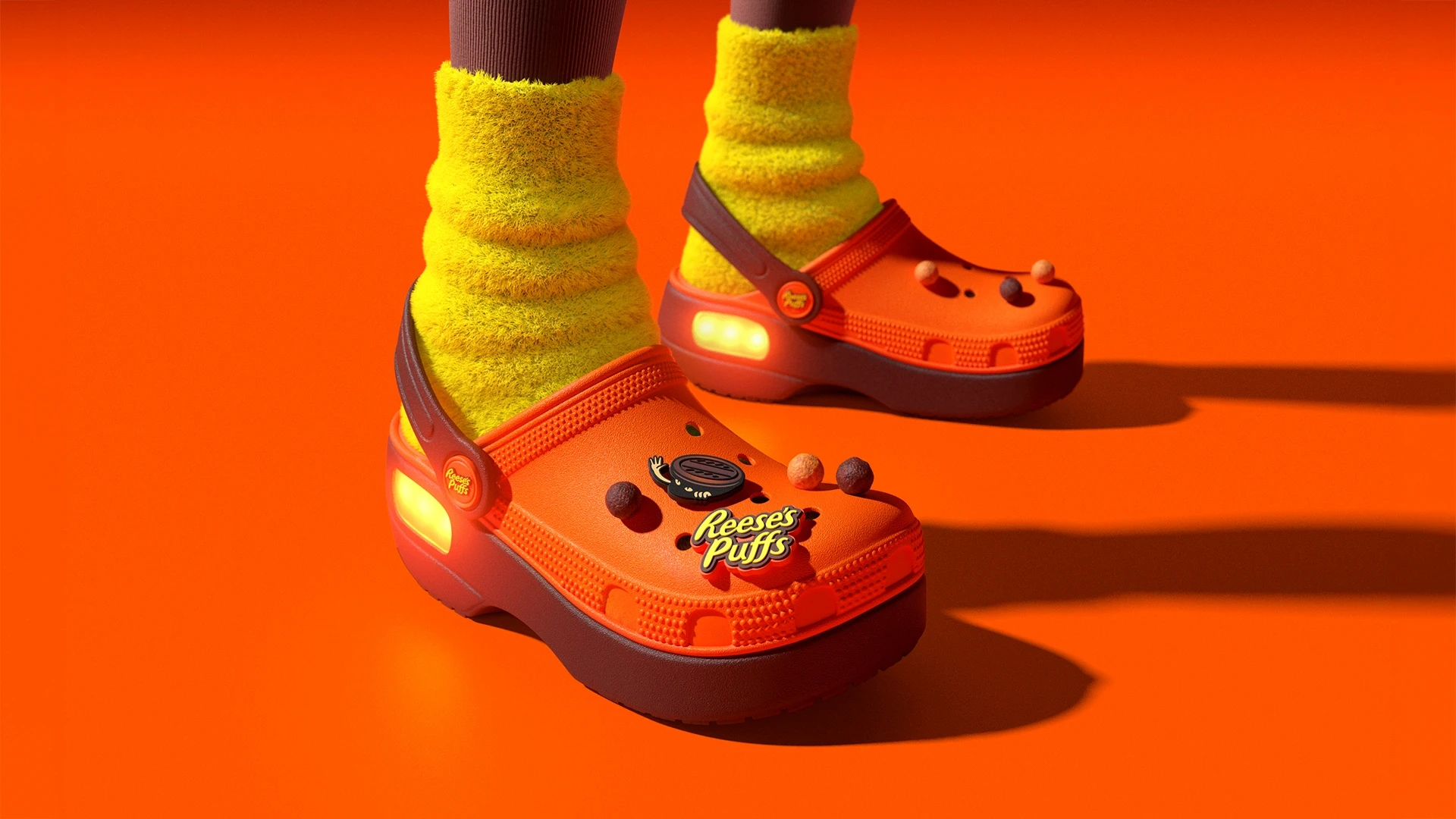 Reese's Puffs Dark Chocolate 3D render, branded Crocs with yellow socks, orange background