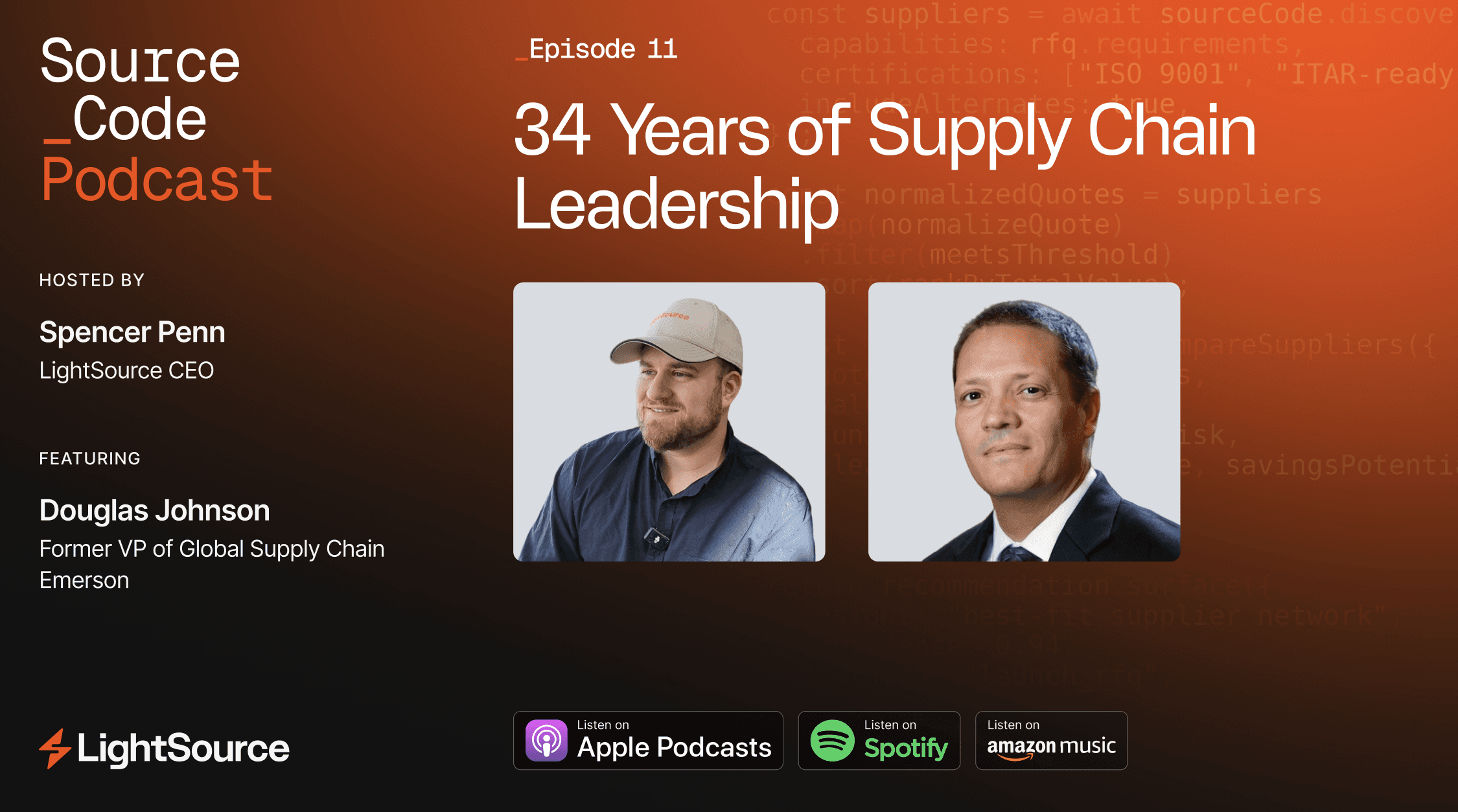 Source Code Podcast episode 10 graphic: "How AI Will Transform Procurement," hosted by Spencer Penn with guest Victoria Folbigg, listen on Apple Podcasts, Spotify, and Amazon Music