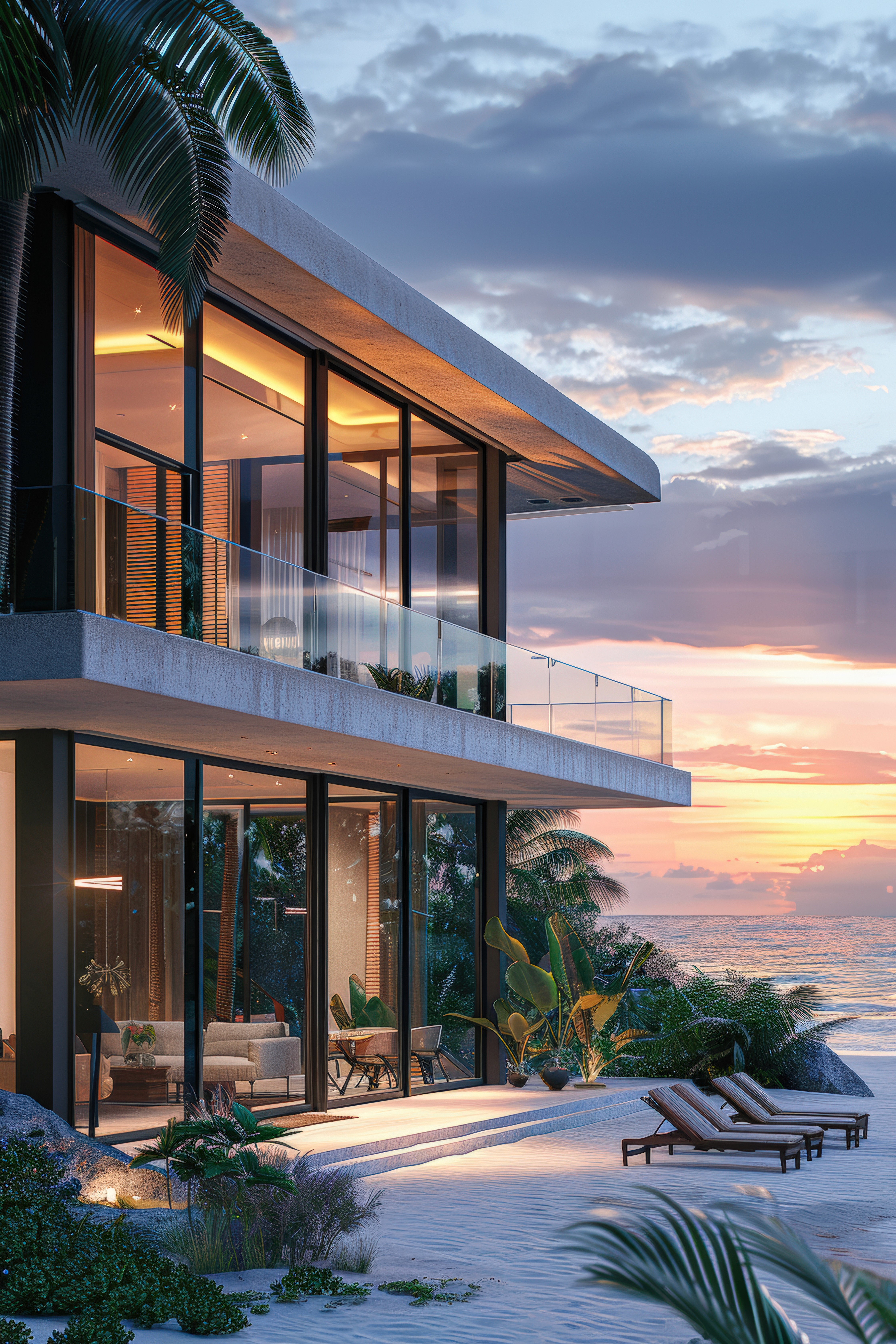 Modern beachfront house with large glass windows, palm trees, and lounge chairs on sand. A vibrant sunset casts warm hues over the ocean and sky.