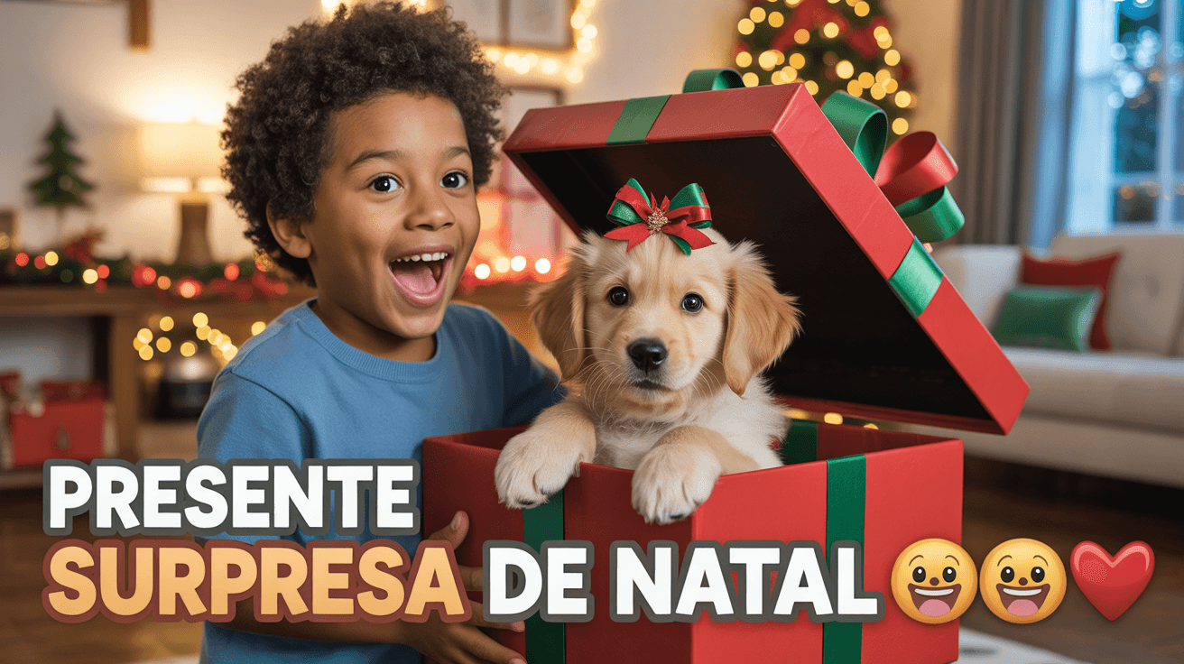 Joyful boy opening gift box with golden retriever puppy and festive Christmas lights
