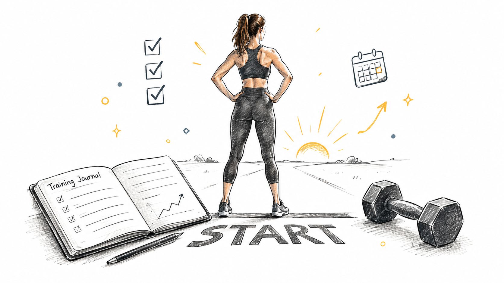 A fit woman standing at a starting line with a training journal, dumbbell, and progress markers.