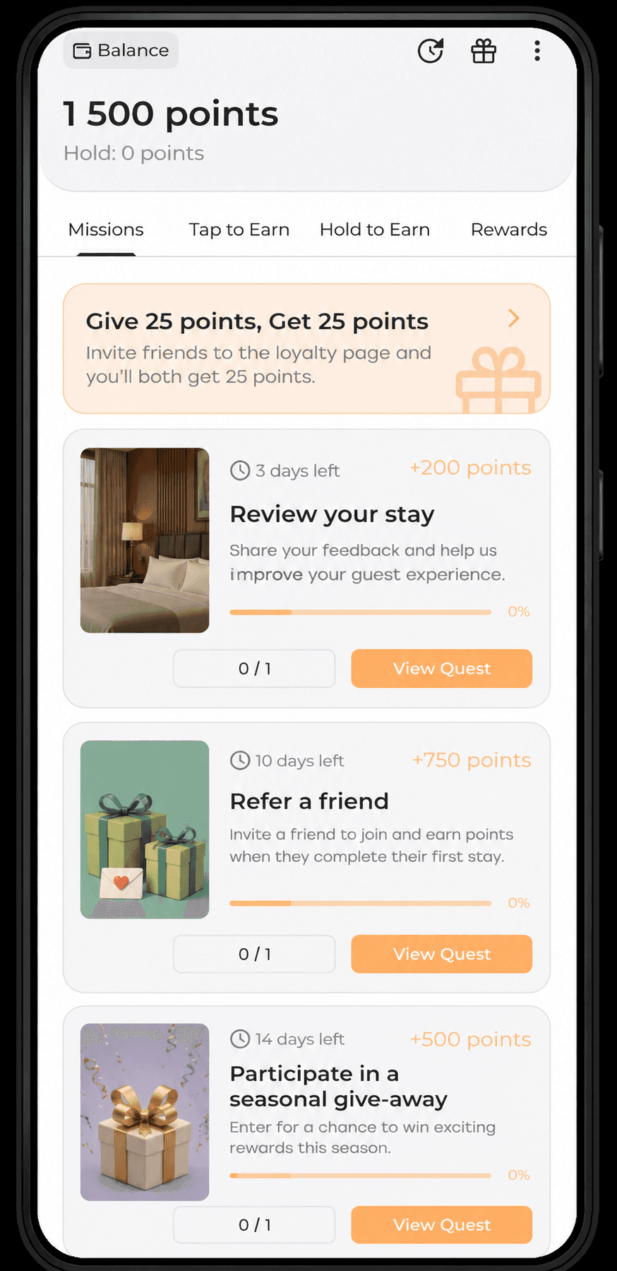 Enable3-powered hospitality loyalty app interface: 1,500 points balance with Missions, Tap to Earn, Hold to Earn, and Rewards tabs; "Give 25 points, Get 25 points" referral banner inviting friends to the loyalty page; time-bound missions including Review Your Stay (+200 points, 3 days left, 0/1 progress, "share your feedback and help us improve your guest experience"), Refer a Friend (+750 points, 10 days left, 0/1 progress, earn when friend completes first stay), and Participate in a [event] (+500 points, 14 days left) — illustrating gamified mission-based engagement mechanics designed for hotel guest loyalty