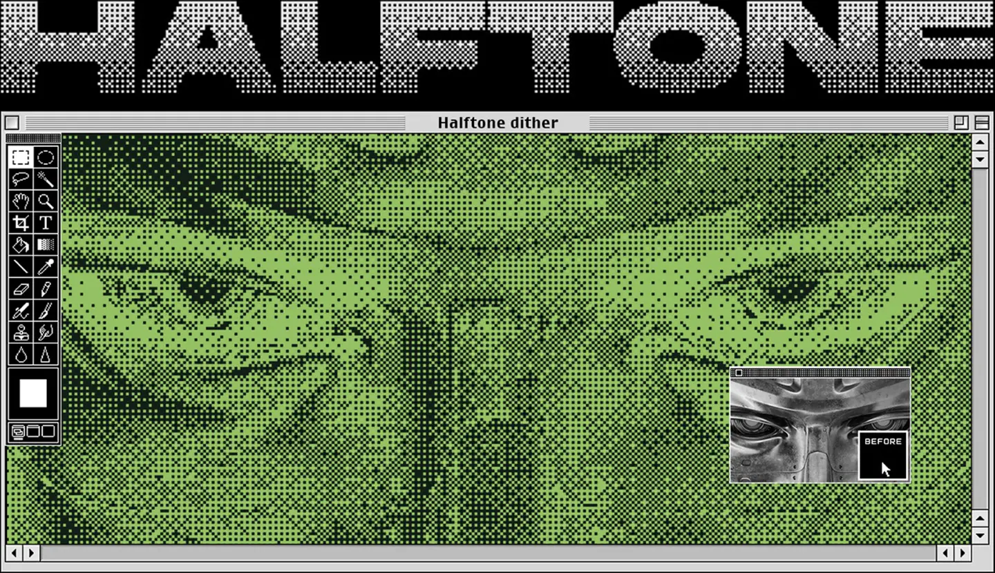 Vibrant green halftone dither effect applied to a robotic eye graphic using Bit Machine action