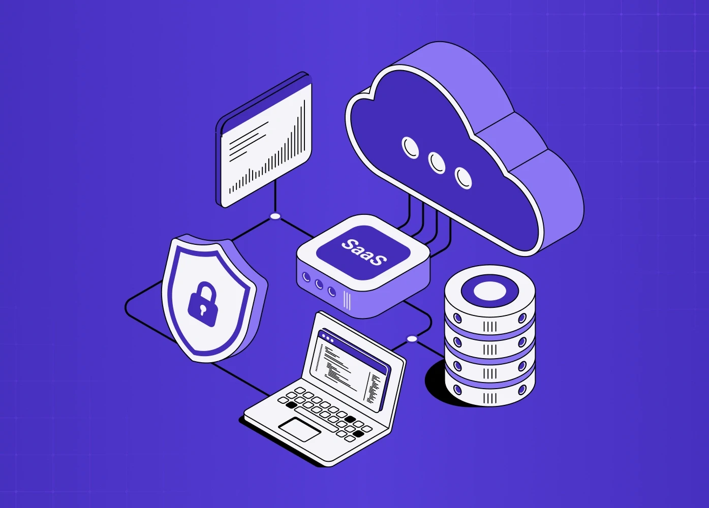 Illustration showing SaaS integration with cloud storage, a laptop, a security shield, a data server, and a chart.