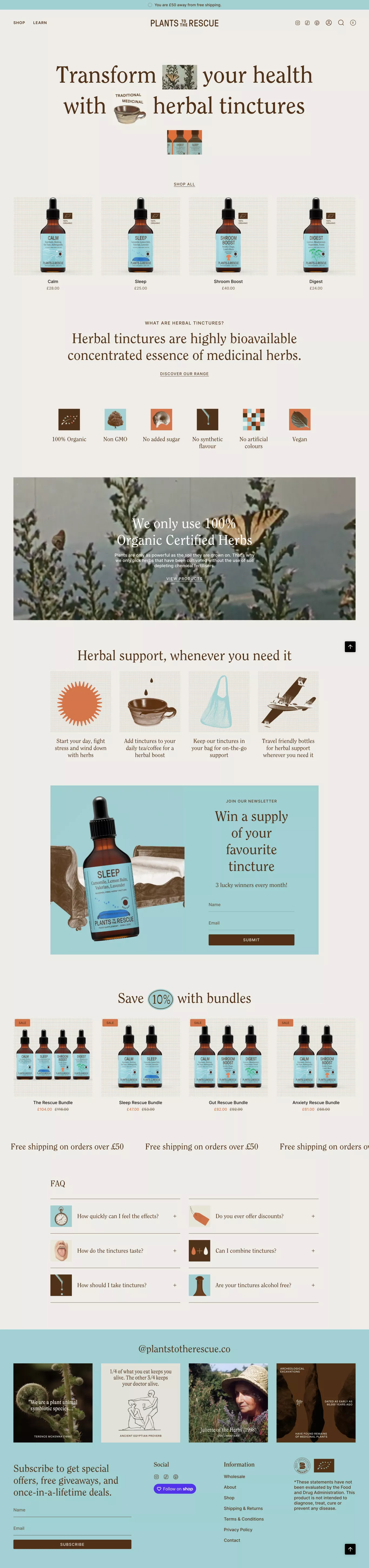 Plants to the Rescue. 100% Organic Plant ecommerce page screenshot showcasing Health & Fitness and Medical design