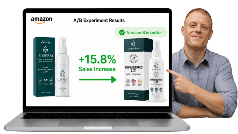 Marketing-style illustration of a person wearing glasses pointing at a laptop displaying an Amazon sales dashboard with total sales of $1,290,809 and a +349% increase. Promotional banners and green growth charts appear in the background.