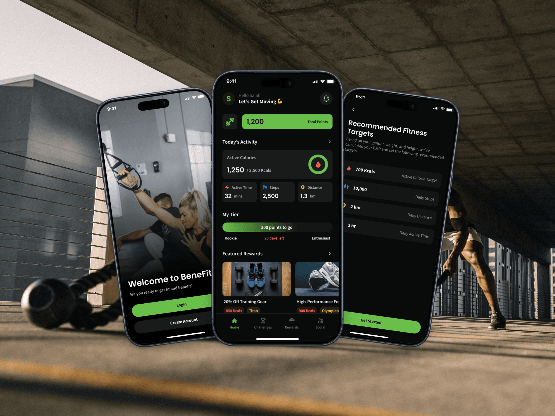 Three screens of the BeneFit fitness app showing a welcome screen, a daily activity dashboard with calorie and step tracking, and a recommended fitness targets screen, displayed against a gym background.