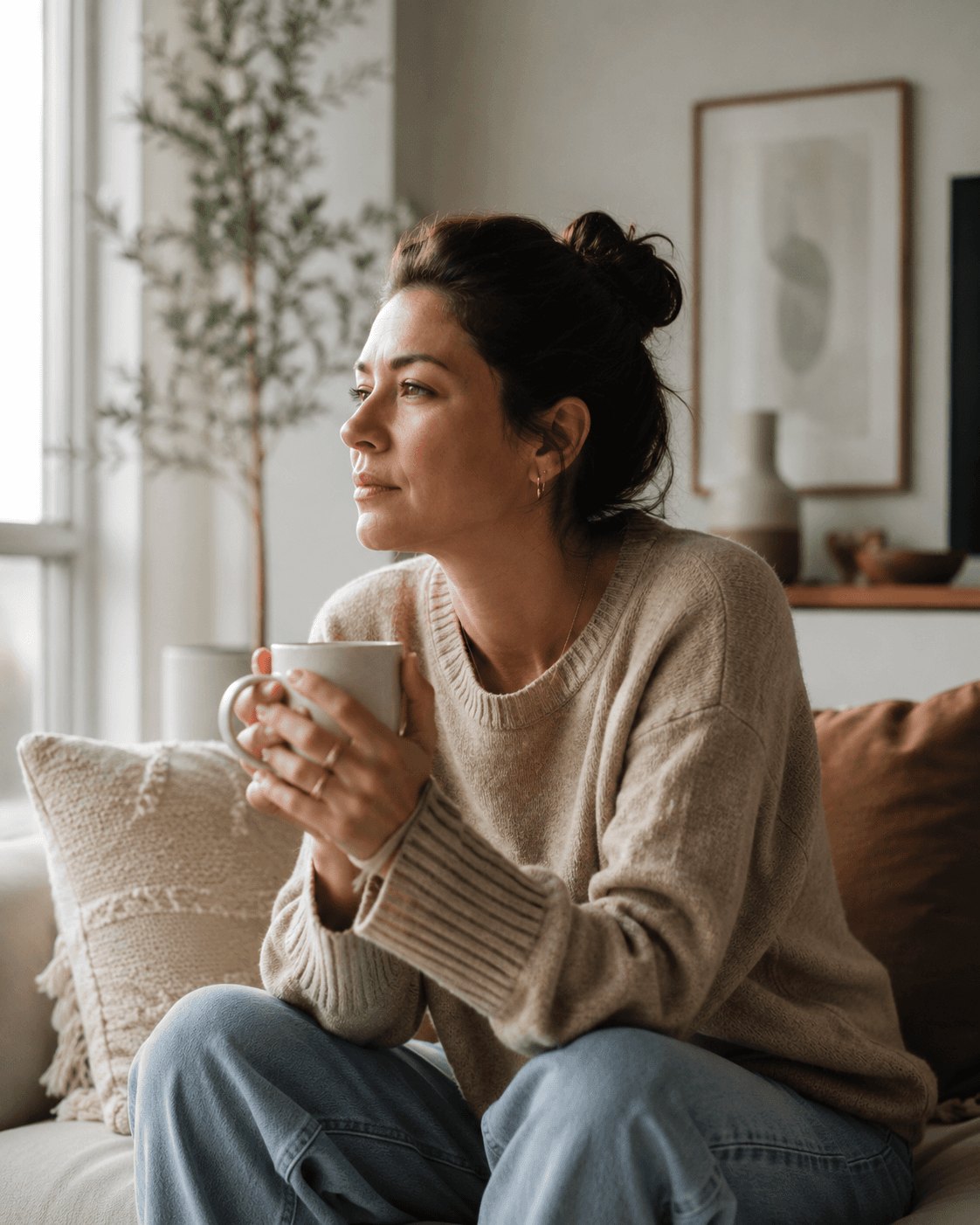 Person sitting alone in soft natural light, contemplative