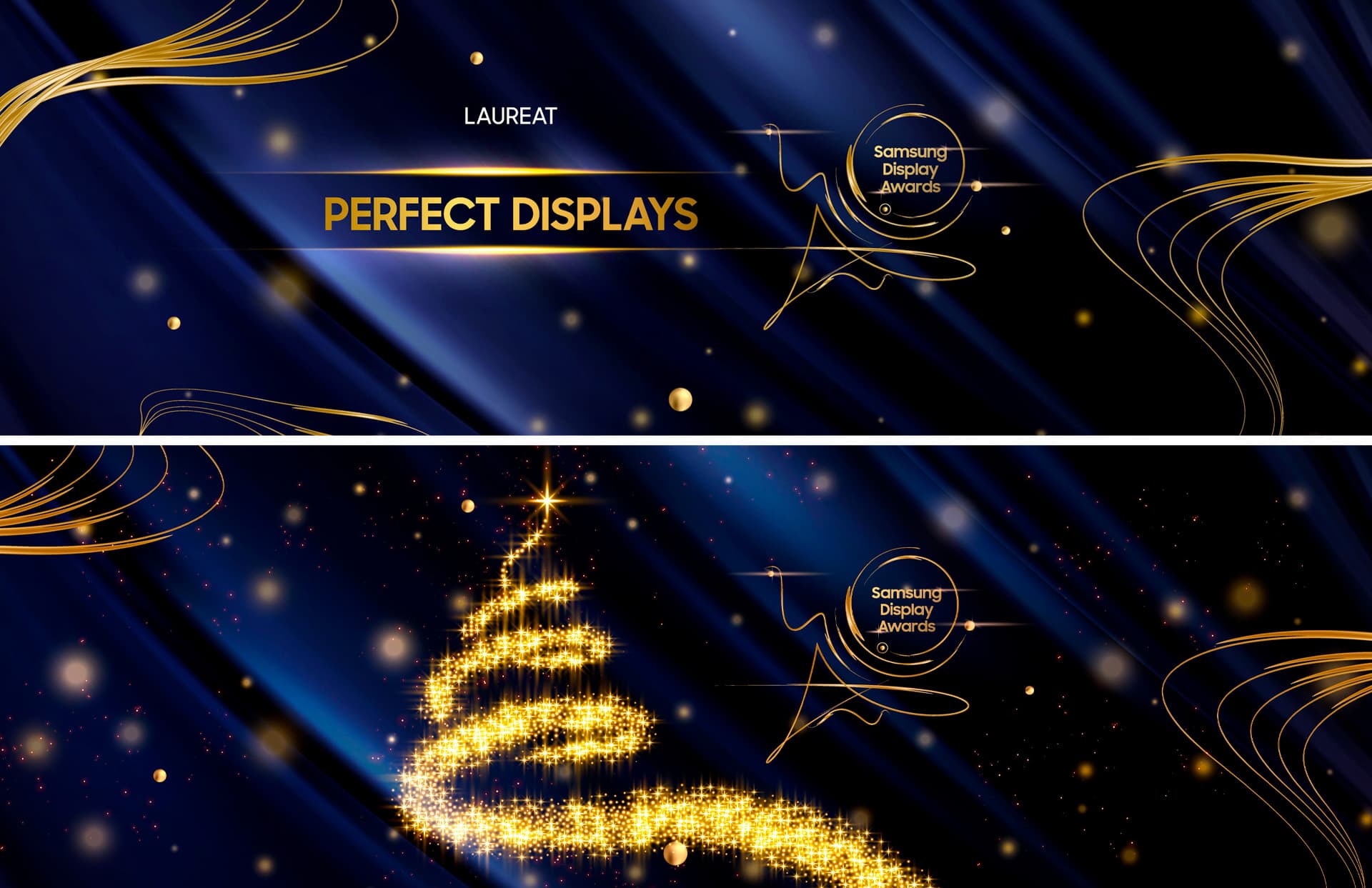 Award reveal motion graphics for Samsung Display Awards 2024 featuring luxury gold typography, animated particle effects and elegant abstract light trails designed by Abarel Studio for a large-format LED stage screen.