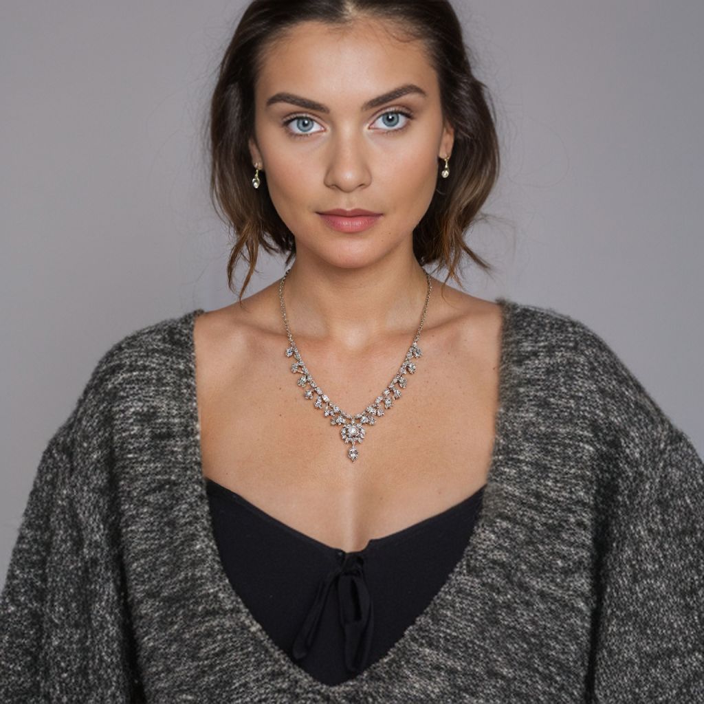 25 year old AI model wearing a detailed necklace, mid-range shot made with Caspa AI