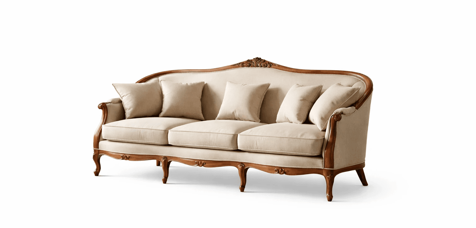 Classic upholstered sofa with curved wooden frame, soft cushions, and refined detailing