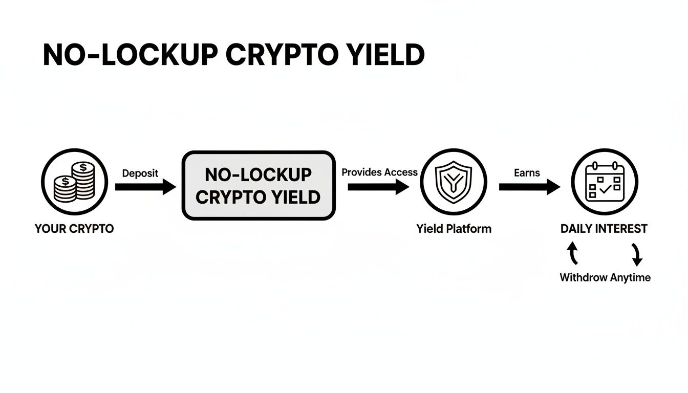 Flowchart illustrating how no-lockup crypto yield allows earning daily interest with anytime withdrawal.