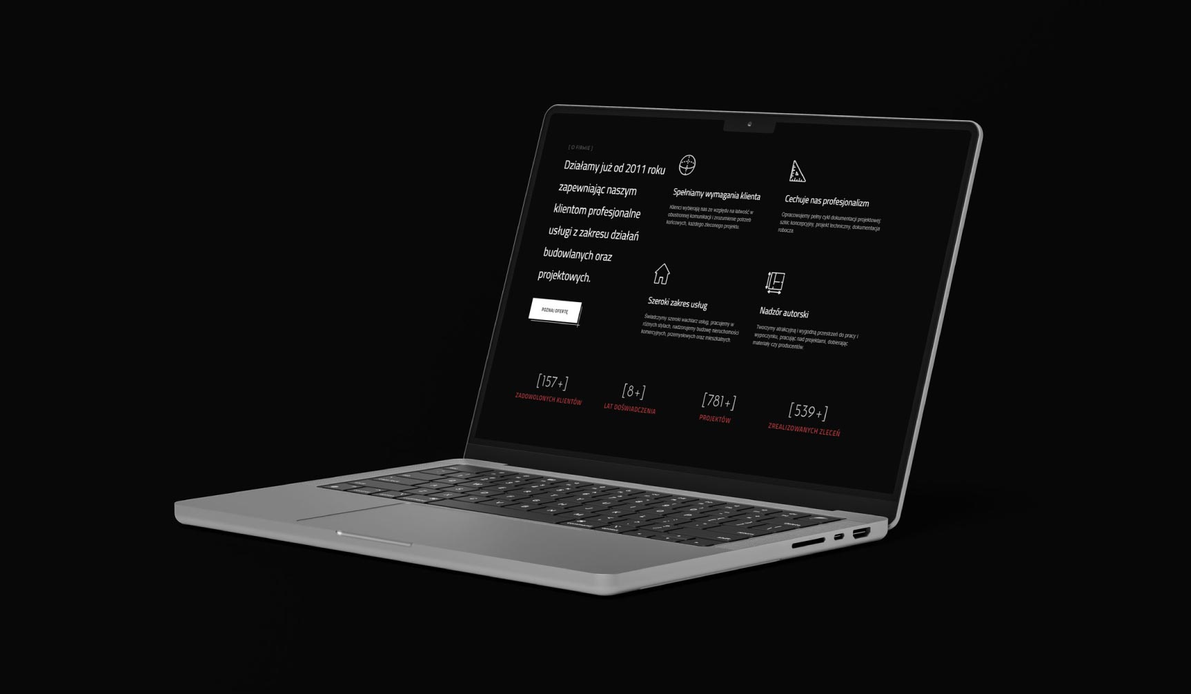 Minimalistyczny layout strony z ikonami i opisami funkcjonalności – projekt High-Fidelity na czarnym tle.