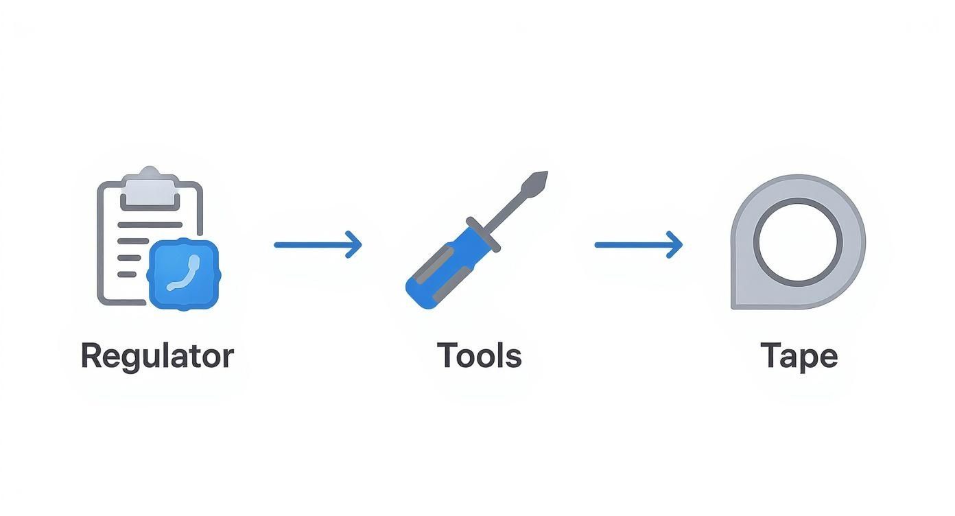 A sequence of icons: a regulator represented by a clipboard, a screwdriver tool, and a tape measure.