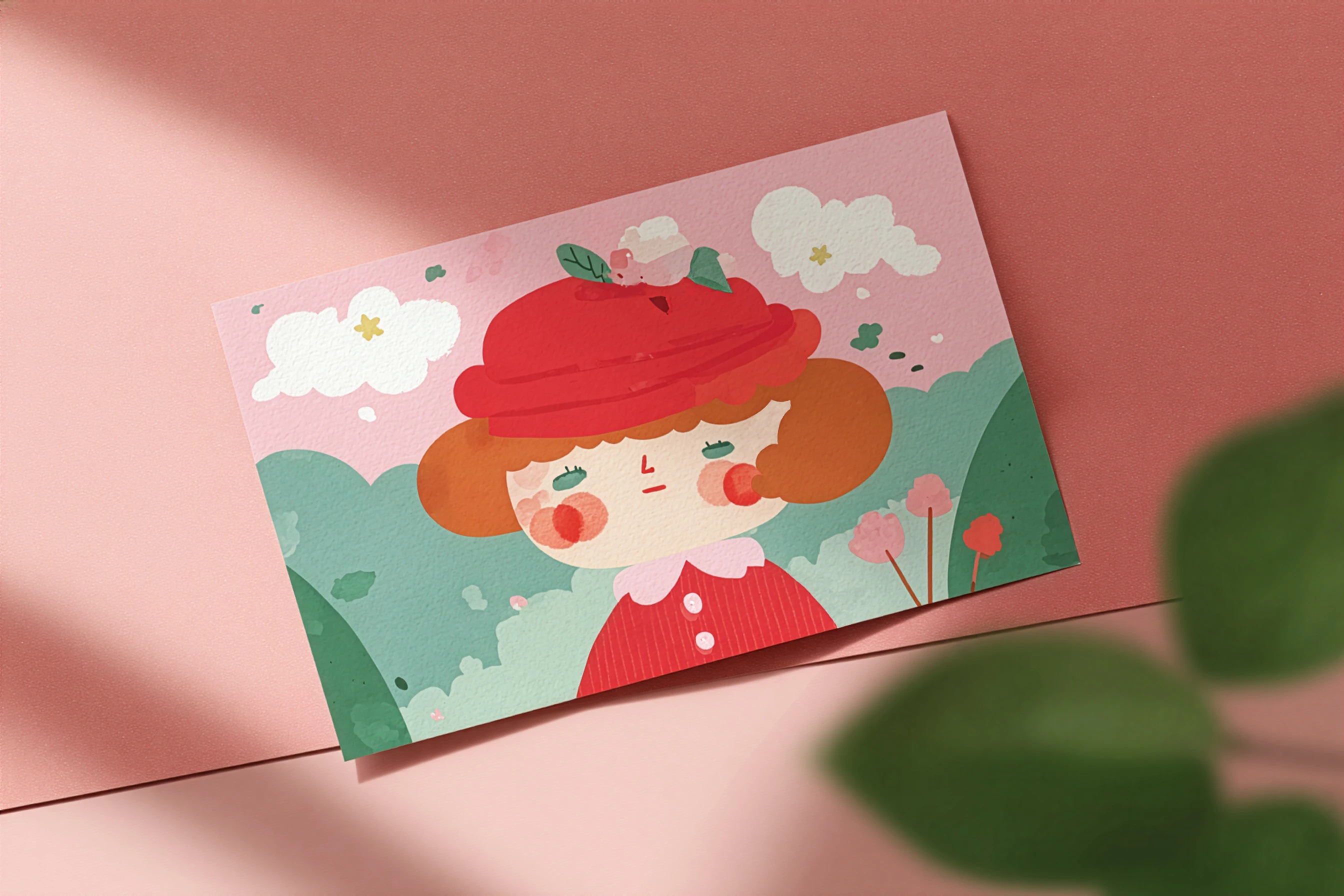 可愛風插畫明信片，紅帽女孩與春天花草的溫柔手繪風格