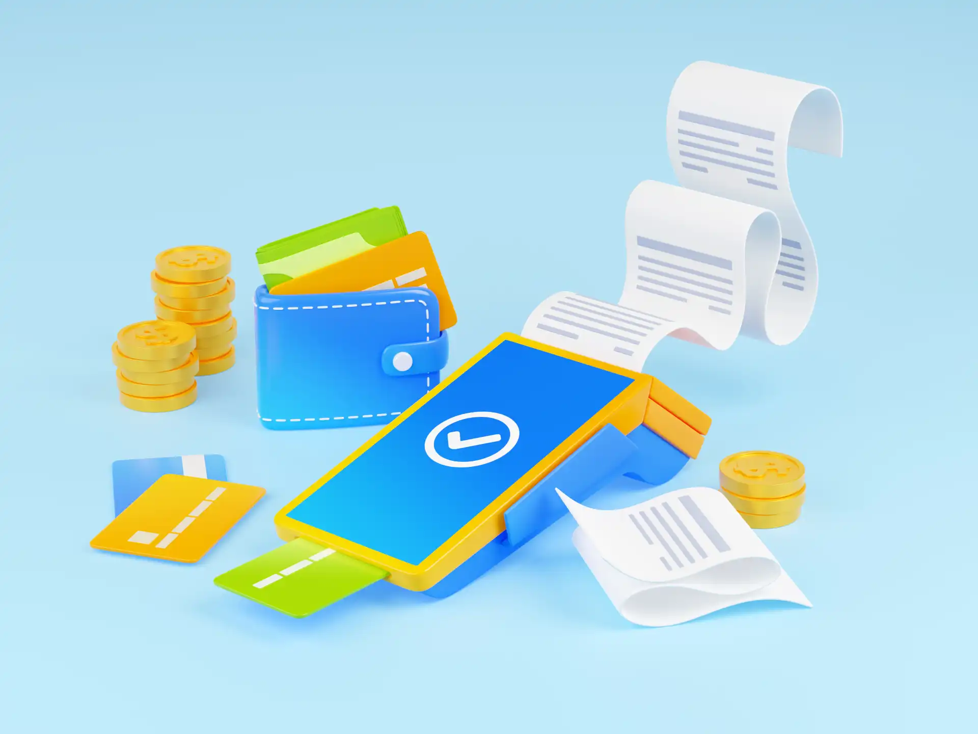 3D illustration of payment terminal and digital wallet symbolizing dynamic settlements and faster TikTok Shop payouts.