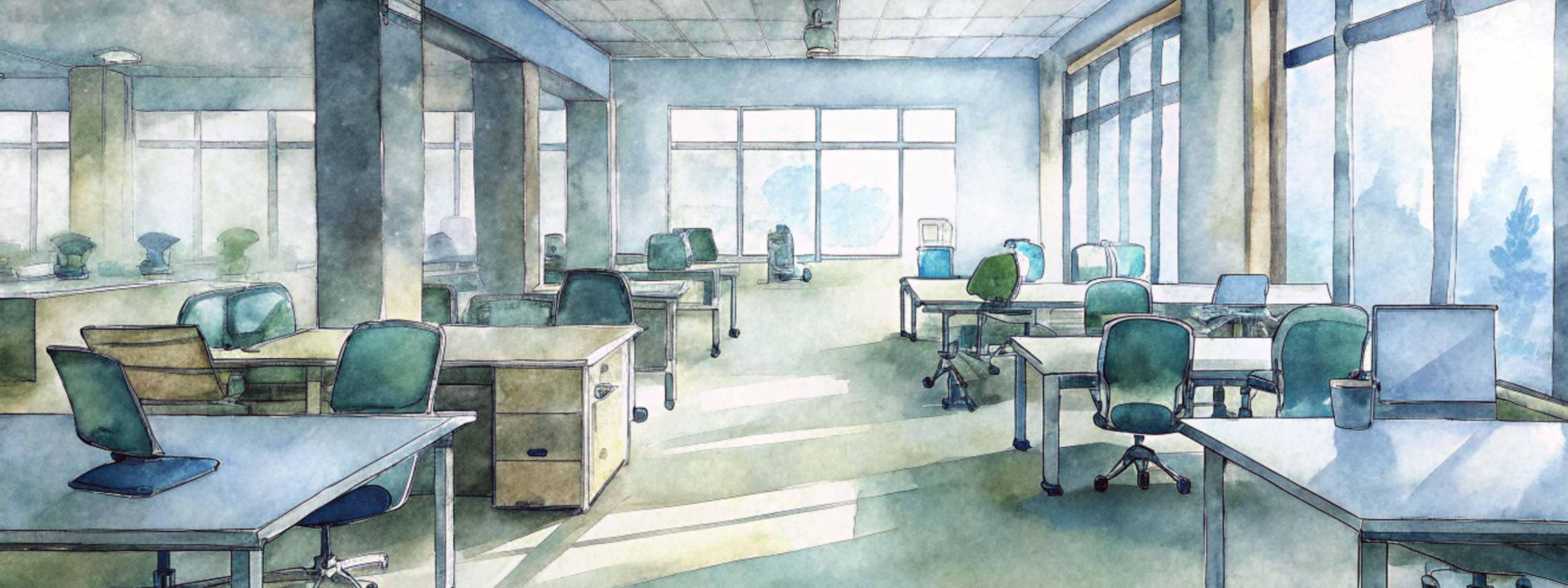 A watercolor painting depicting an office with a computer and a desk