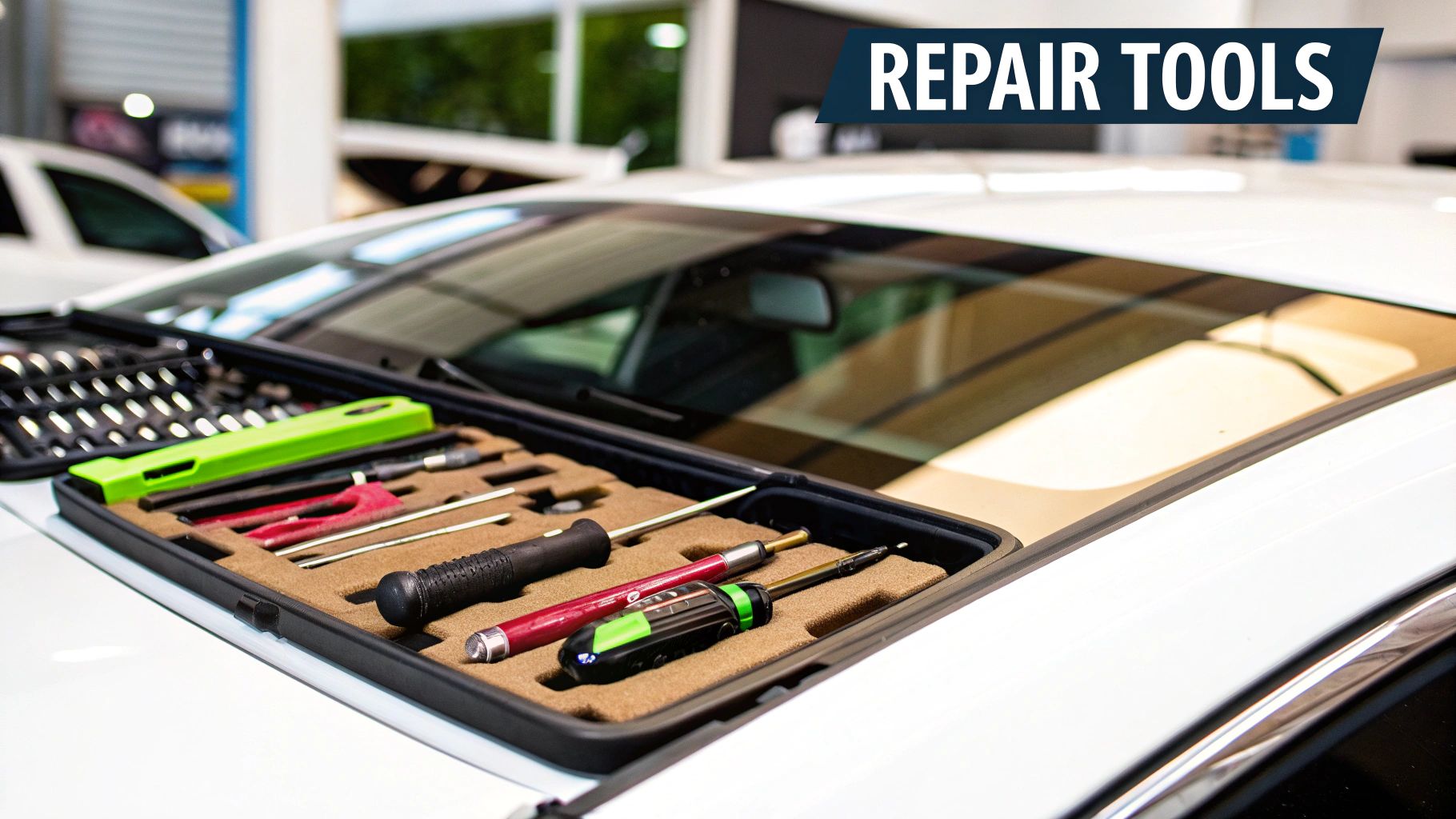 A person holding a DIY auto-glass repair kit next to a chipped windshield