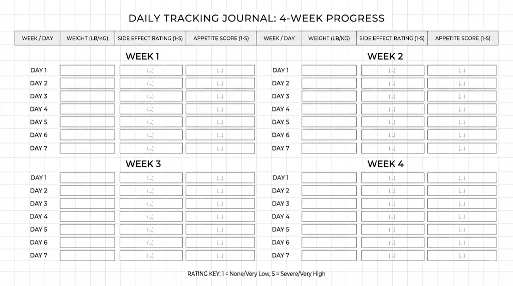 Tirzepatide starting dose tracking journal template for first four weeks