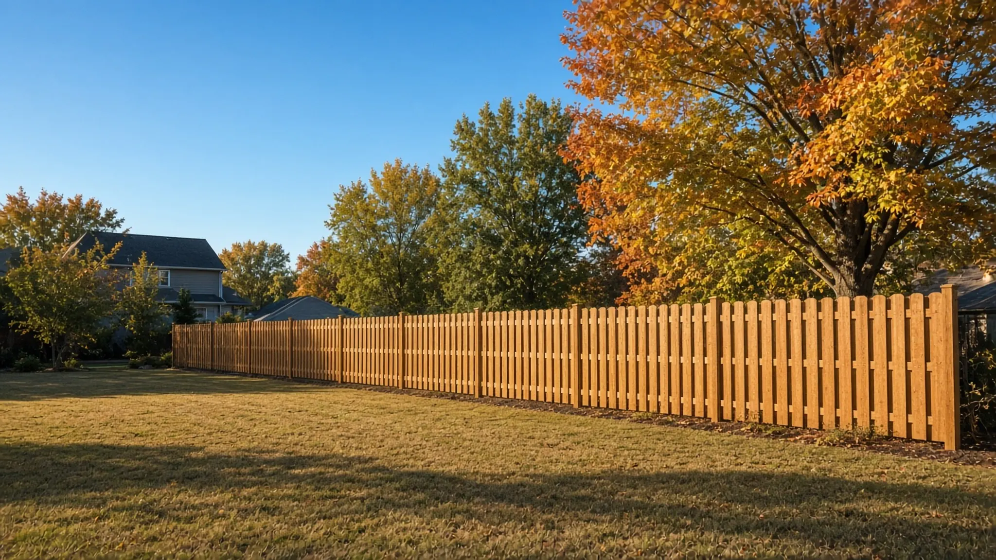 New wood fence in a suburban Ohio backyard in early autumn