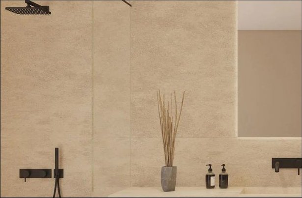 Porcelanato Limestone Greige 60×120 colocado en un baño