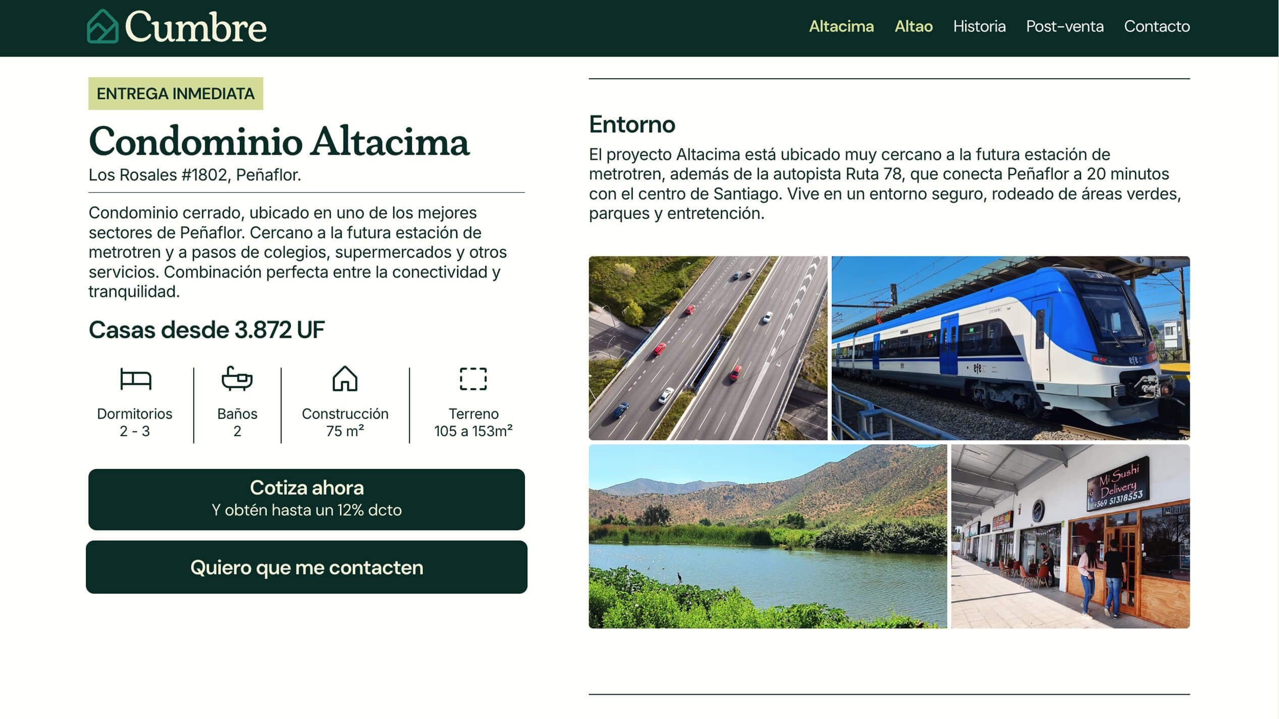 Diseño web desktop Cumbre sección entorno proyecto Altacima Peñaflor