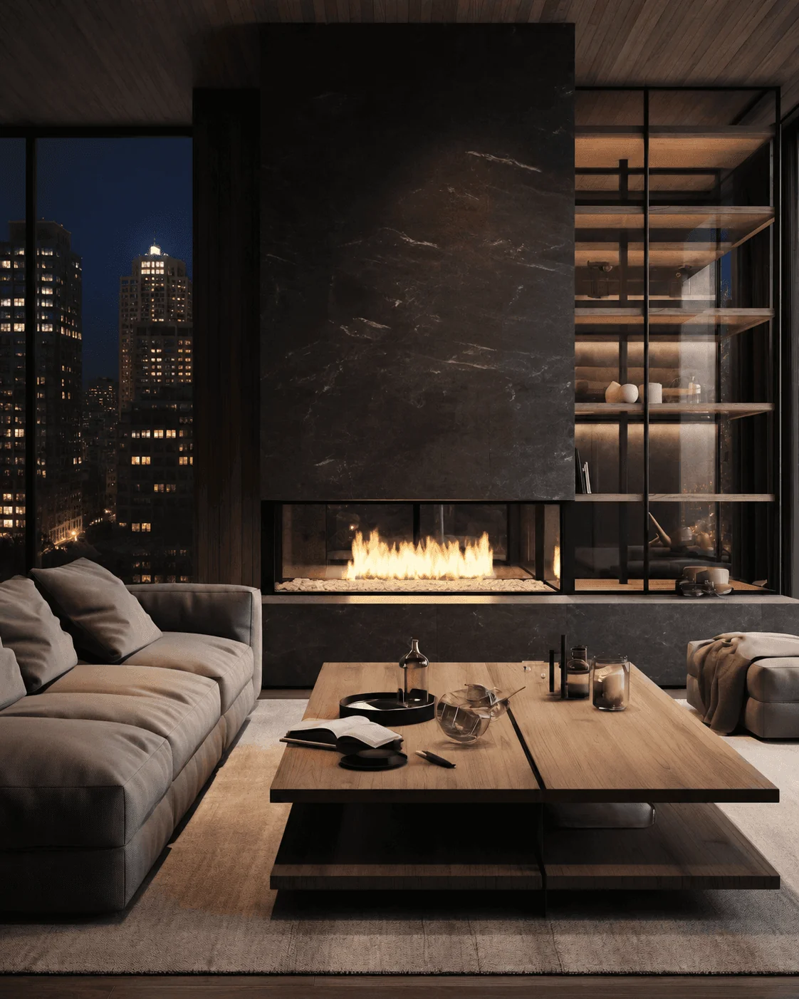 A spacious room, featuring modern fire, a central wooden table surrounded by sofa