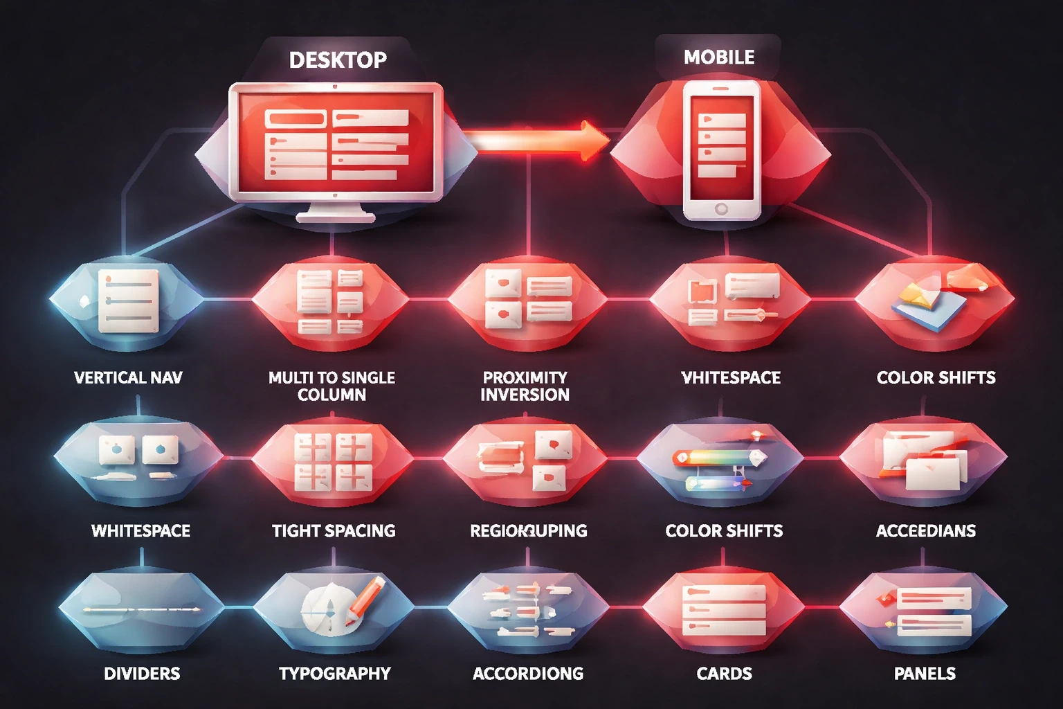 Flowchart showing responsive design adaptations using low poly geometric style with isometric perspective, nodes in accent color #ed3c48 on dark #212121 background.