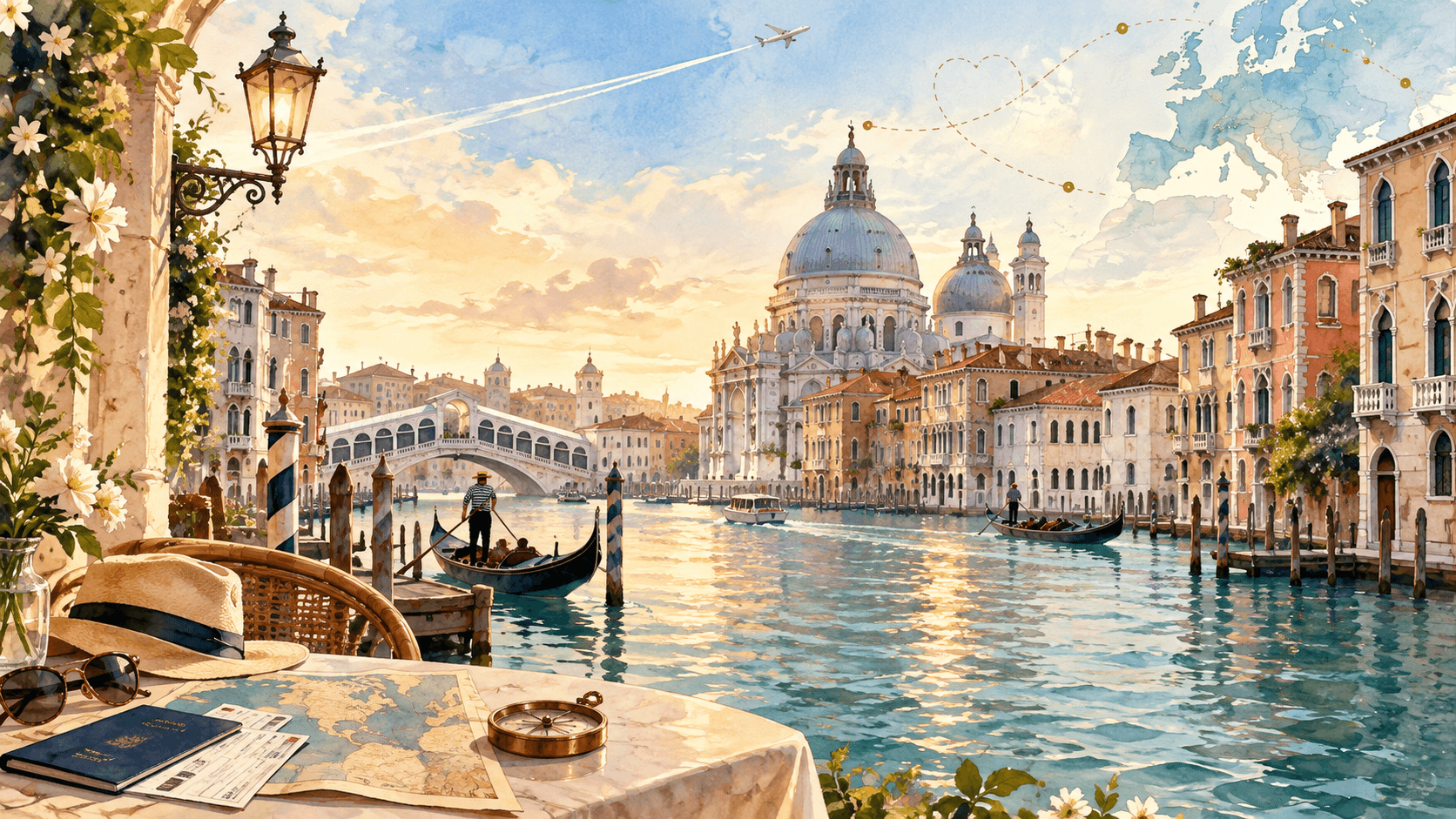 Ilustração em aquarela de Veneza, com canal, gôndola, arquitetura veneziana e avião no céu.