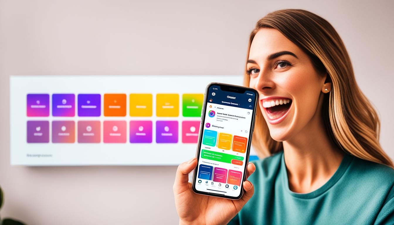 Create an image of an Instagram user holding up a phone displaying a colorful and engaging Instagram Story. The story features interactive elements such as polls, quizzes, and sliders that encourage viewers to engage with the content. The user is smiling and pointing to the phone, indicating their excitement about the high level of engagement they are receiving. In the background, other Instagram stories can be seen, but they are dull and uninteresting in comparison to the user's engaging content.