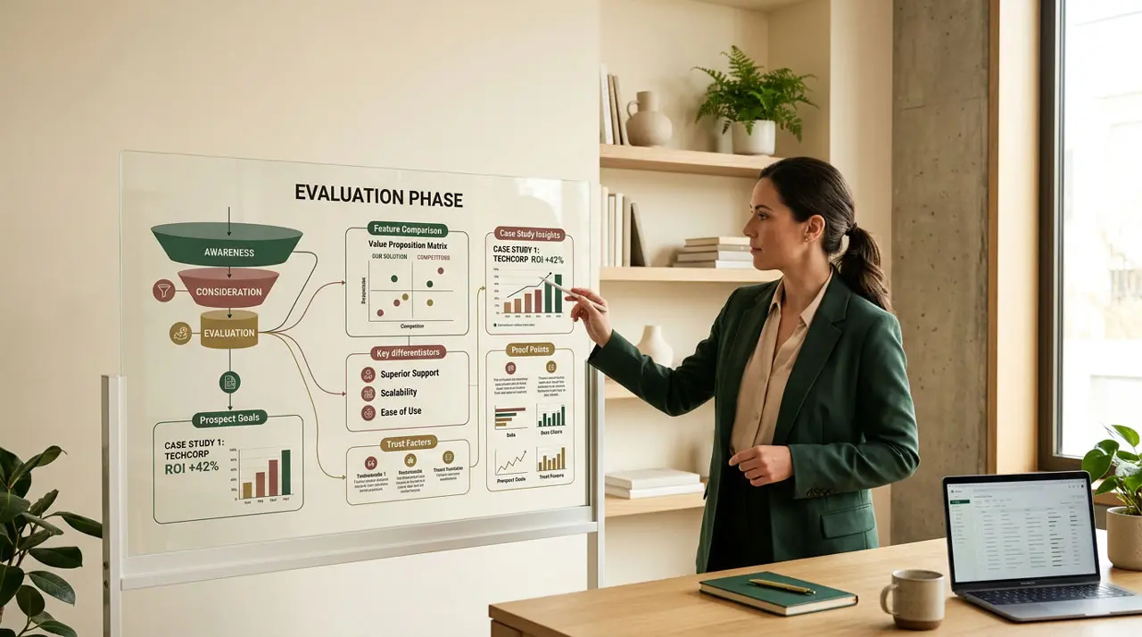 Profesional analizando comparaciones y estudios de caso en un diagrama estratégico que representa la fase de consideración del embudo de marketing.