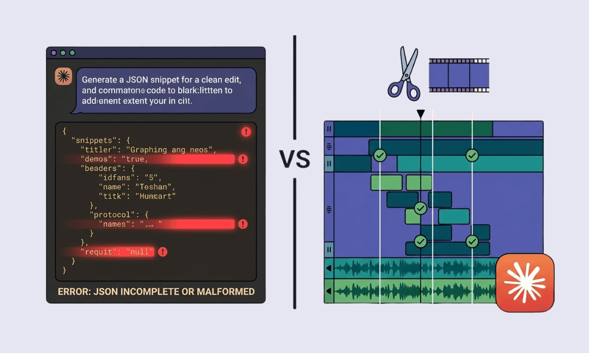 Split illustration showing Claude returning a broken JSON cut list on the left versus a Selects multi-track timeline with frame-precise breath-snapped cuts on the right, representing the gap between LLM transcript editing and real AI footage editing in 2026.