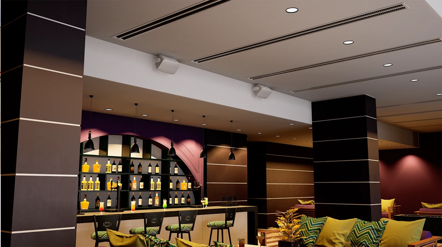 Sonance architectural audio system installed in hospitality bar environment in British Columbia by authorized Sonance representative