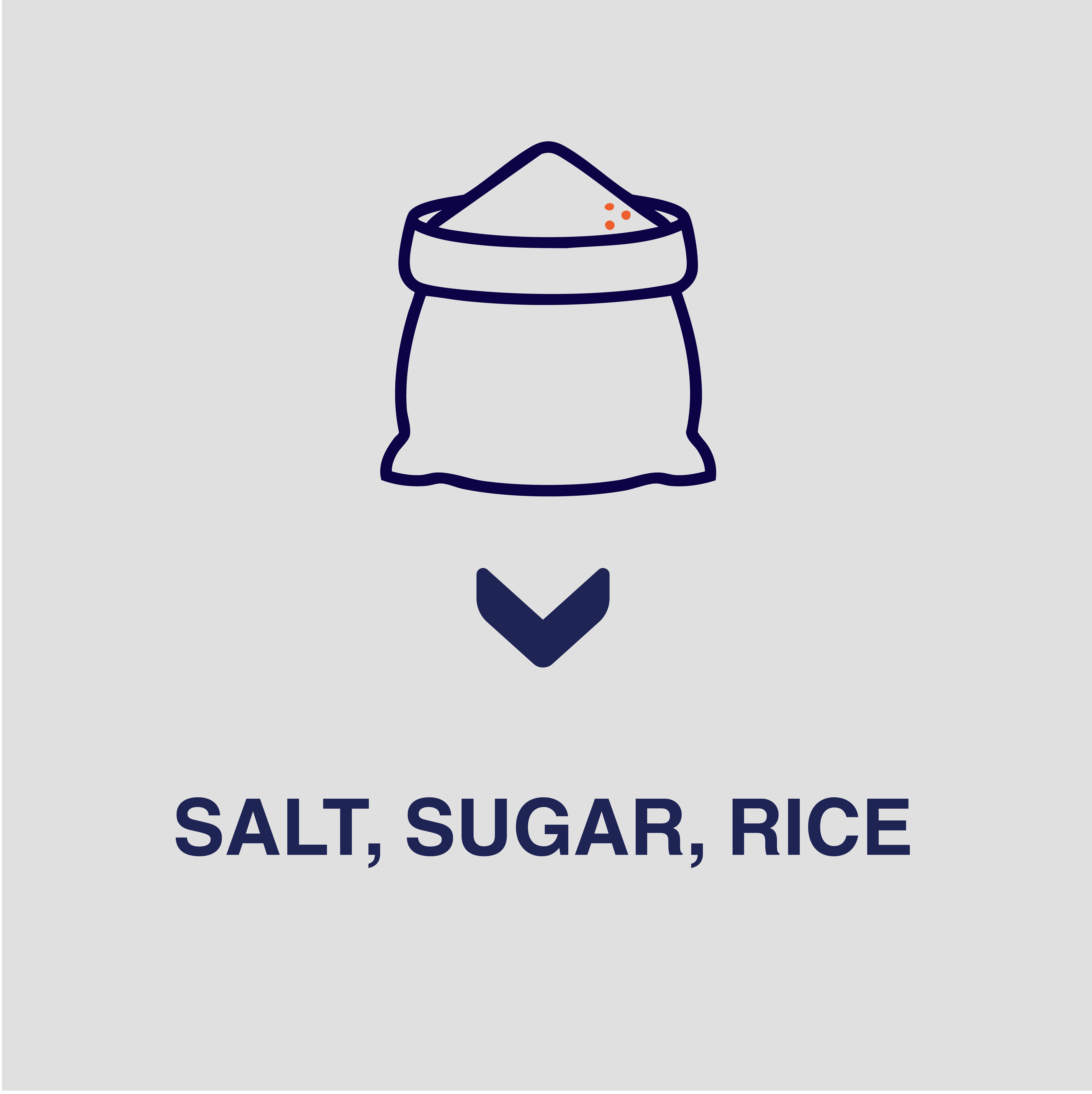 icon of a blue bag containing a mound of mineral salt on a white background with blue text that says salt, sugar and rice