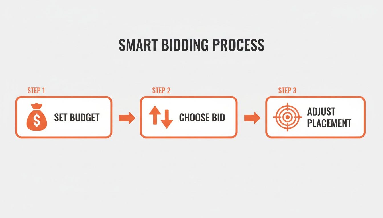 A visual three-step smart bidding process: set budget, choose bid, and adjust placement.