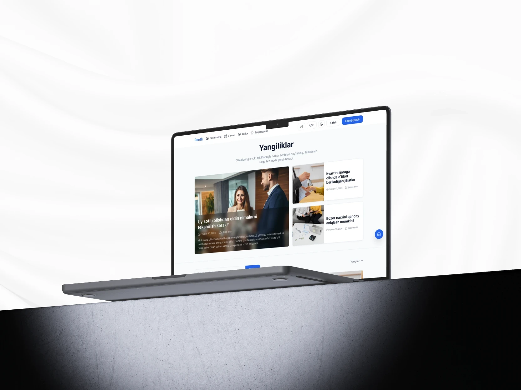 Rentli agent profiles section UI — yangiliklar page design, minimal typography-driven layout for real estate platform on MacBook