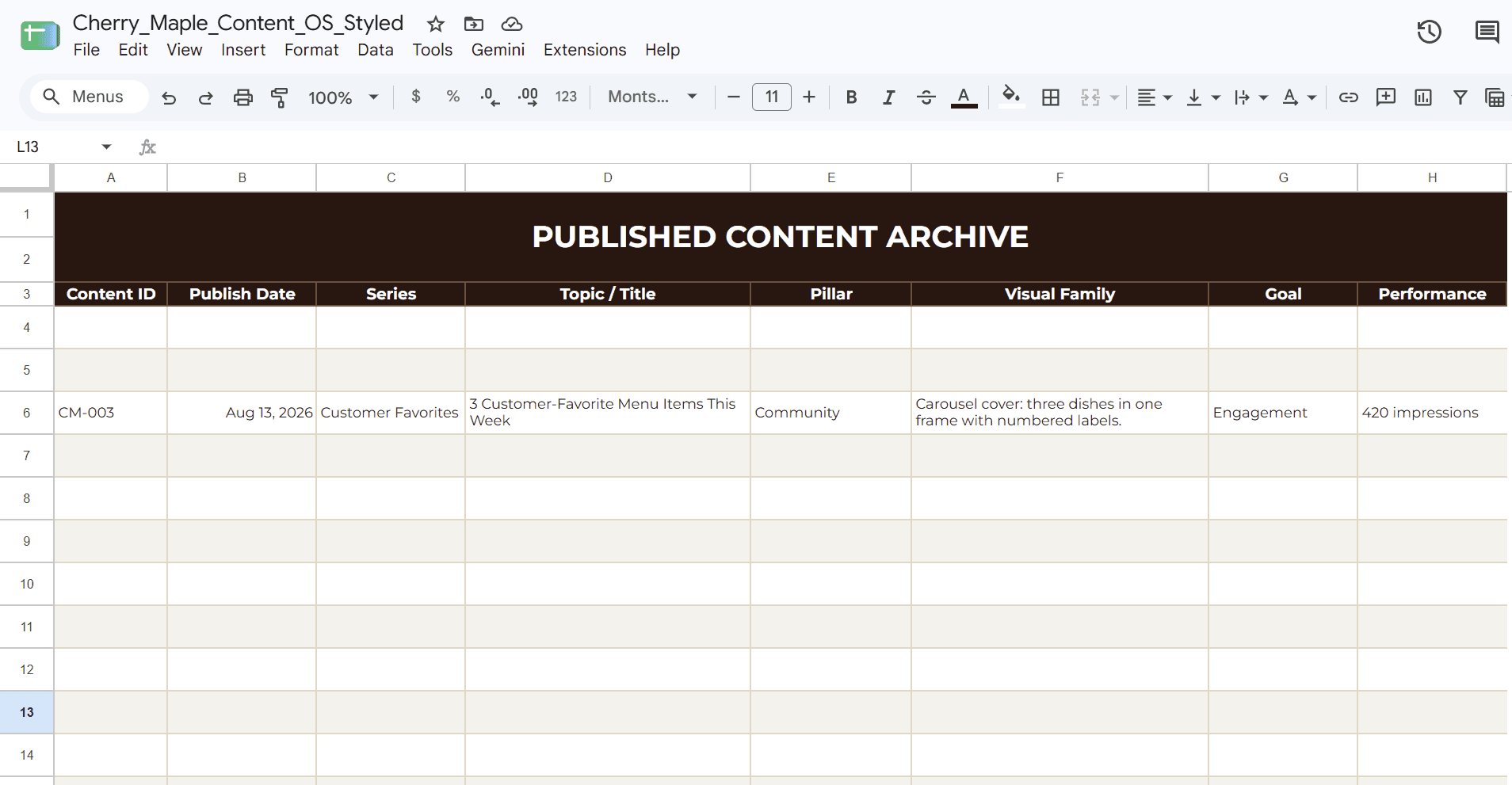 Cherry Maple Content Archive Excel worksheet.