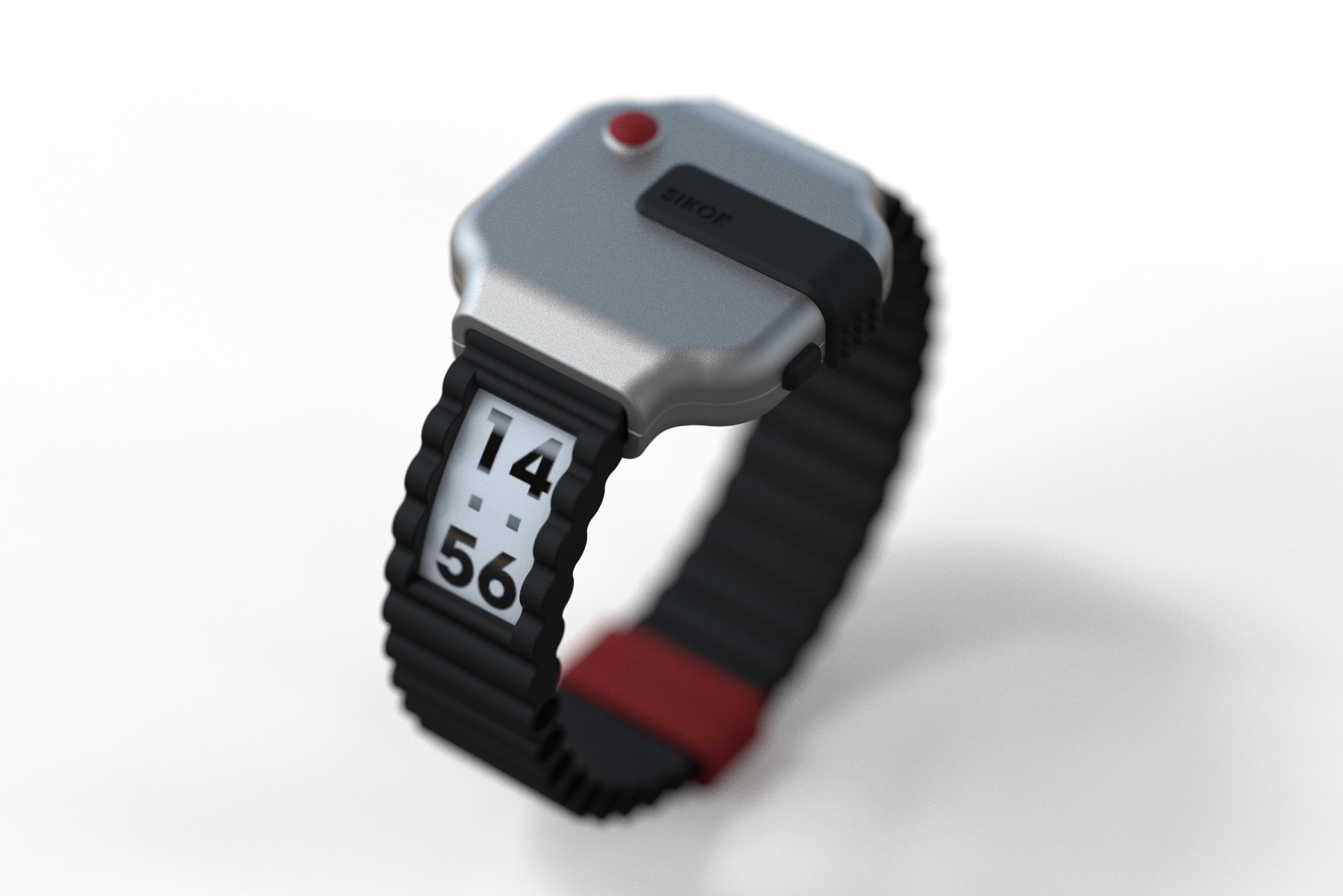 A sleek, modern digital watch with a metallic casing and a black strap with a red accent, displaying the time 14:56, set against a clean, white background.