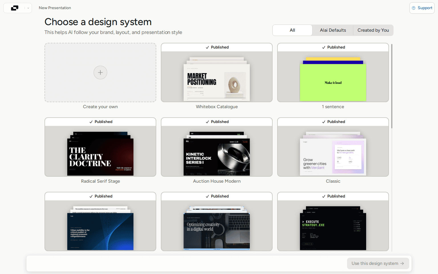 Alai Modern Slides design system gallery with multiple presentation styles