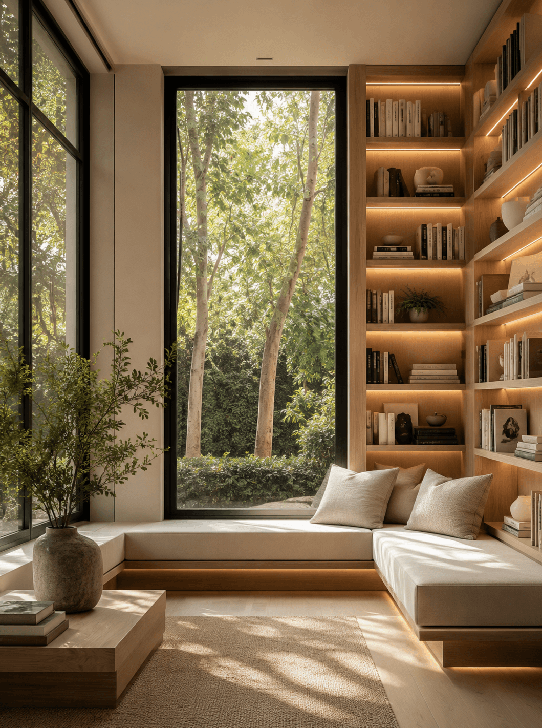 Madrid apartment interior with a curved sofa, curated art and bespoke joinery.
