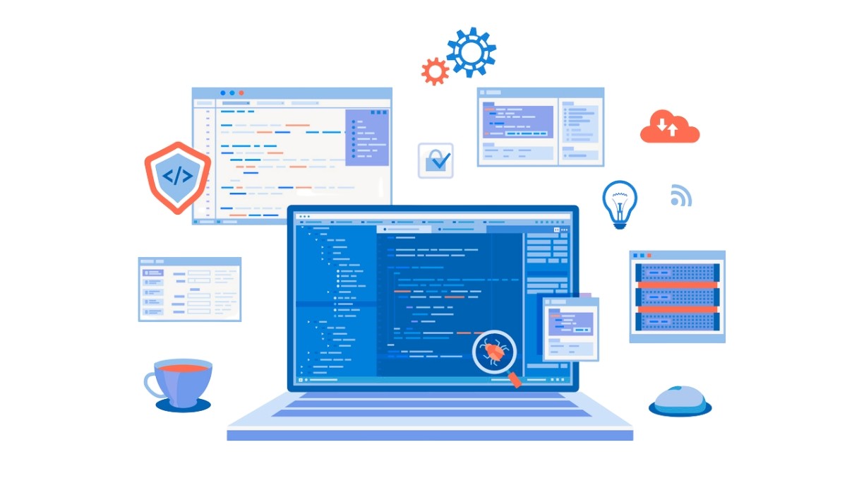 Illustration of laptop displaying code and debugging tools surrounded by icons for cloud computing, security, and configuration.
