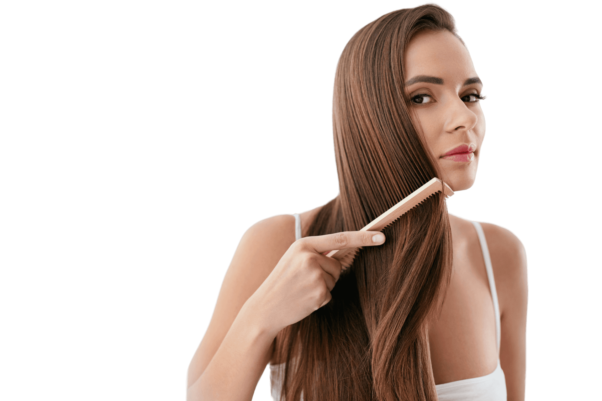 Hair care woman combing beautiful long healthy hair with wooden brush