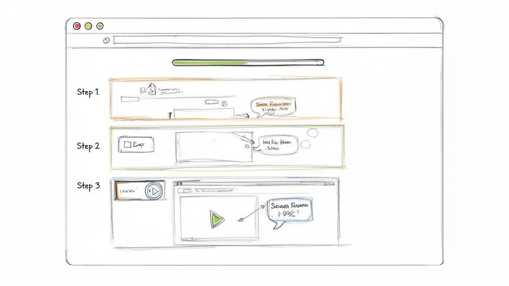 Hand-drawn sketch of a web browser illustrating a three-step process with UI elements and a progress bar.