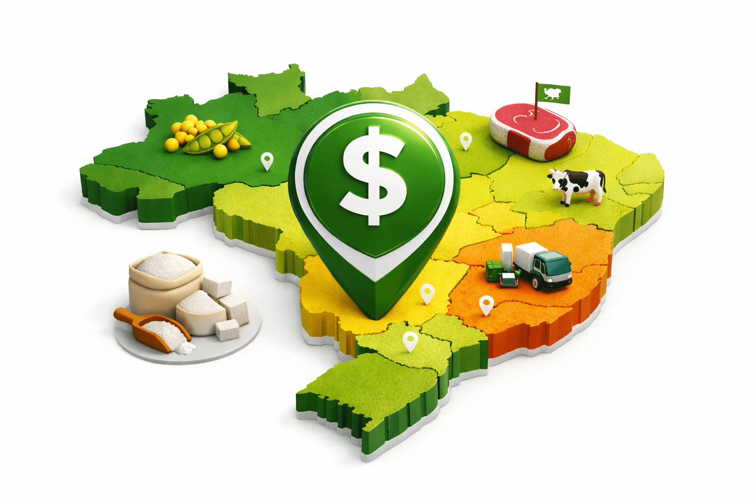 Mapa 3D do Brasil em fundo totalmente branco, com divisões regionais em tons sutis de verde indicando variações de custo e logística. Ícone de cifrão centralizado como elemento principal de preço. Ícones minimalistas de soja, carne e açúcar distribuídos pelo mapa, com estilo moderno e visual alinhado à identidade da Zydon.